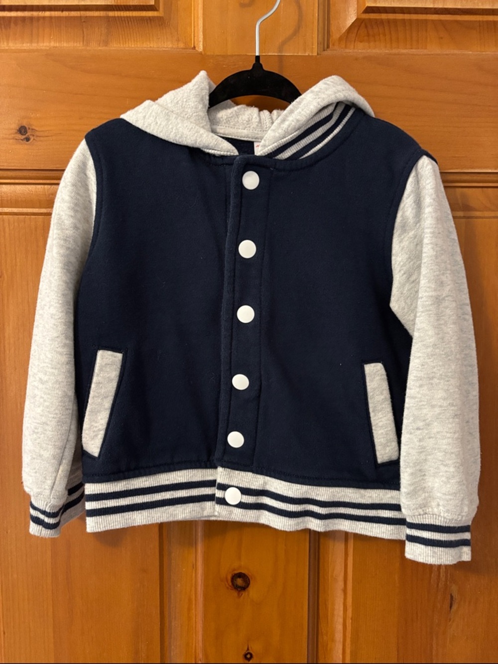 5/$25 Navy and Light Gray Hooded Varsity Jacket